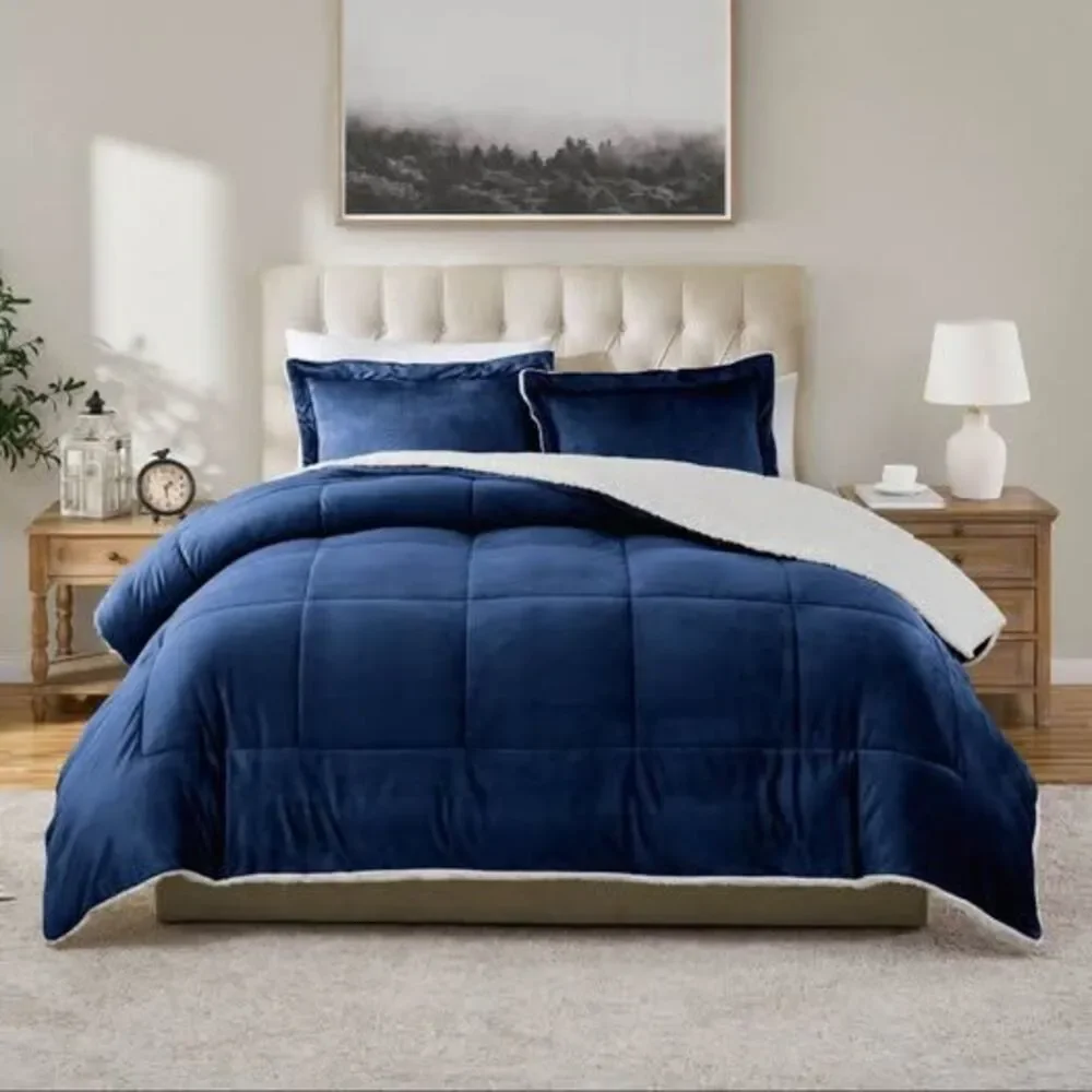 3 Pieces QUEEN Sherpa Reversible Comforter Set New Blue